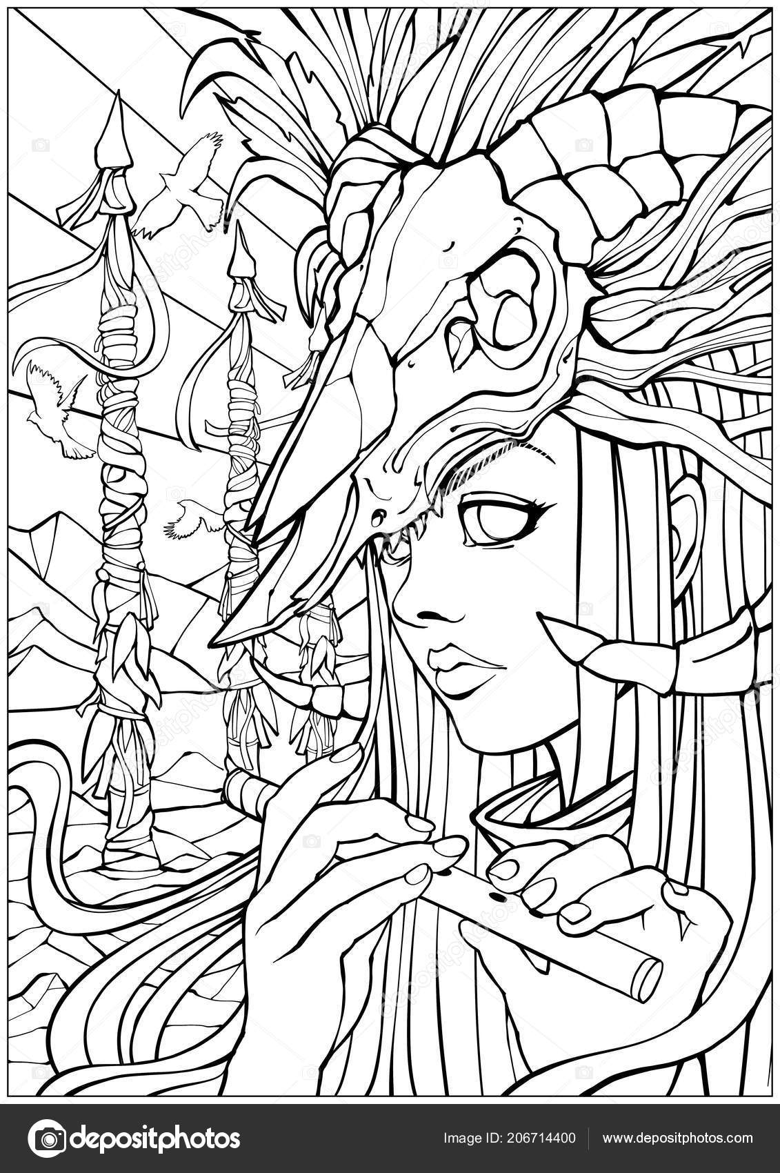 Kleurplaten Voor Volwassenen Meisje Sjamaan Met Een Fluit Met Een