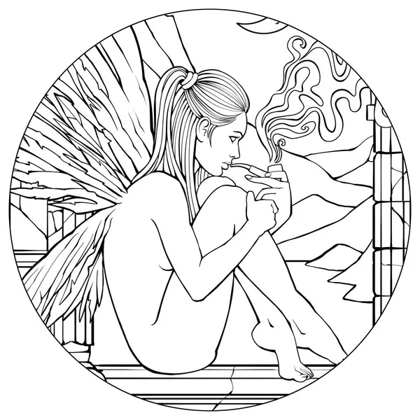 Angel smokes a pipe on the window