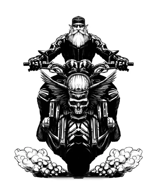 Bearded biker on a motorcycle with a skull
