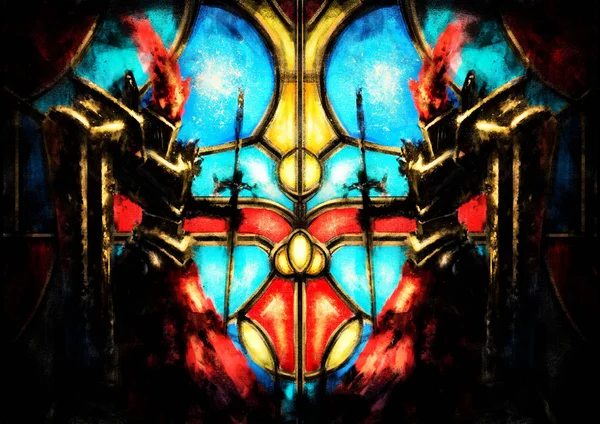 Knights guards on the background of colored stained glass