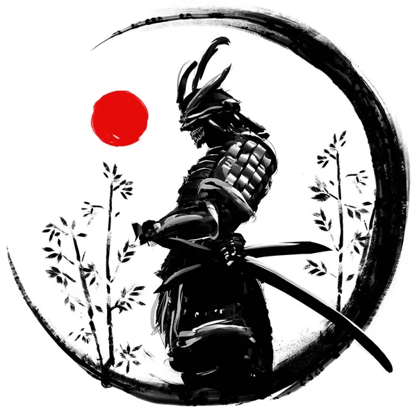 Illustration of a Japanese warrior in an ink circle with a red sun