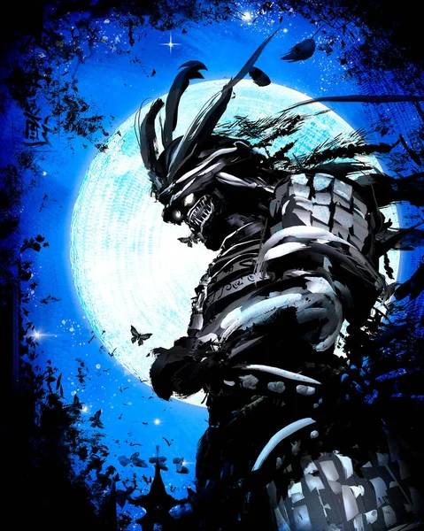A samurai wearing a creepy mask standing in the woods in the background of the huge moon
