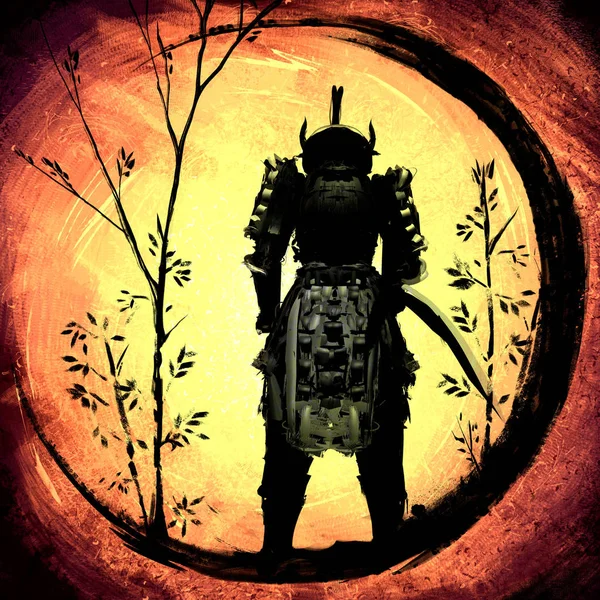 Samurai stands circled in an ink circle on a bright yellow background