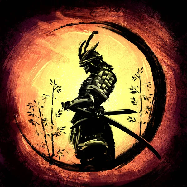 Samurai stands circled in an ink circle on a bright yellow background