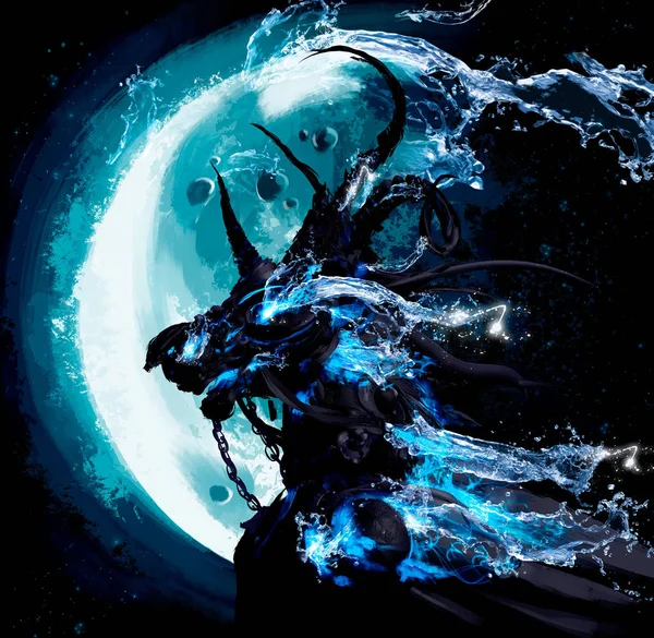 Black water unicorn with horns on the background of the shining moon