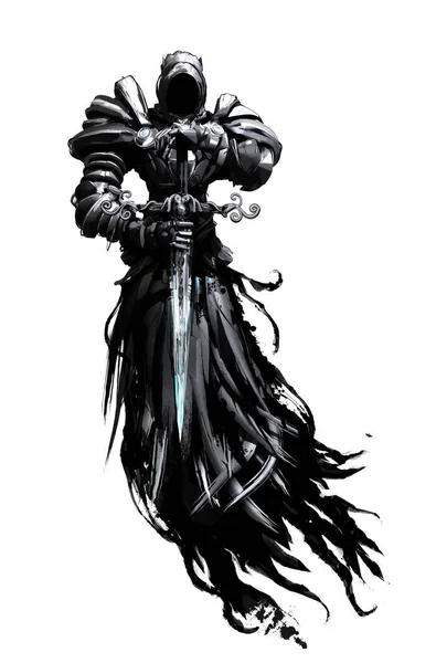 Black Ghost in hood and black armor and ragged clothes hovers on white background with sword in his hands