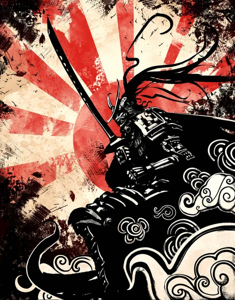 Samurai in armor with a katana stands against the sun painted in a classic style