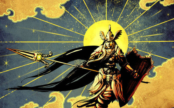Beautiful female warrior in armor holding weapons and shield in her hands, against the background of bright yellow sun and Golden clouds