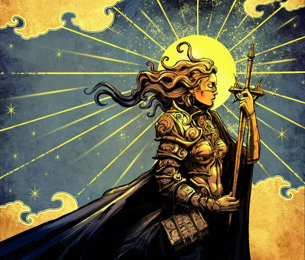 Beautiful girl in armor and with a sword against the yellow sun with Golden clouds