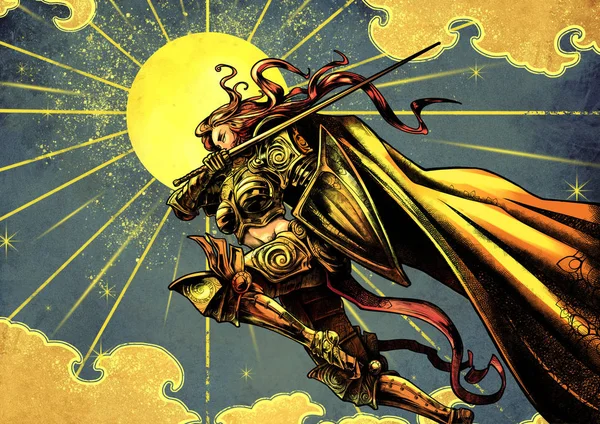 Girl flying knight with a sword attack against a bright yellow sun with Golden clouds