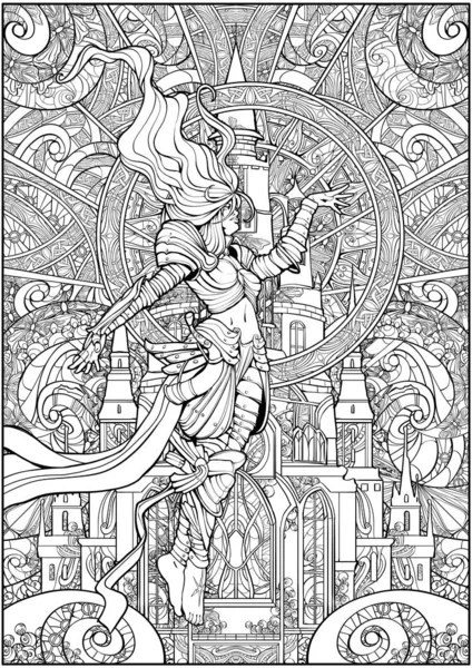 Coloring page for adults , a female wizard in armor hovers in the air against a Gothic castle background.