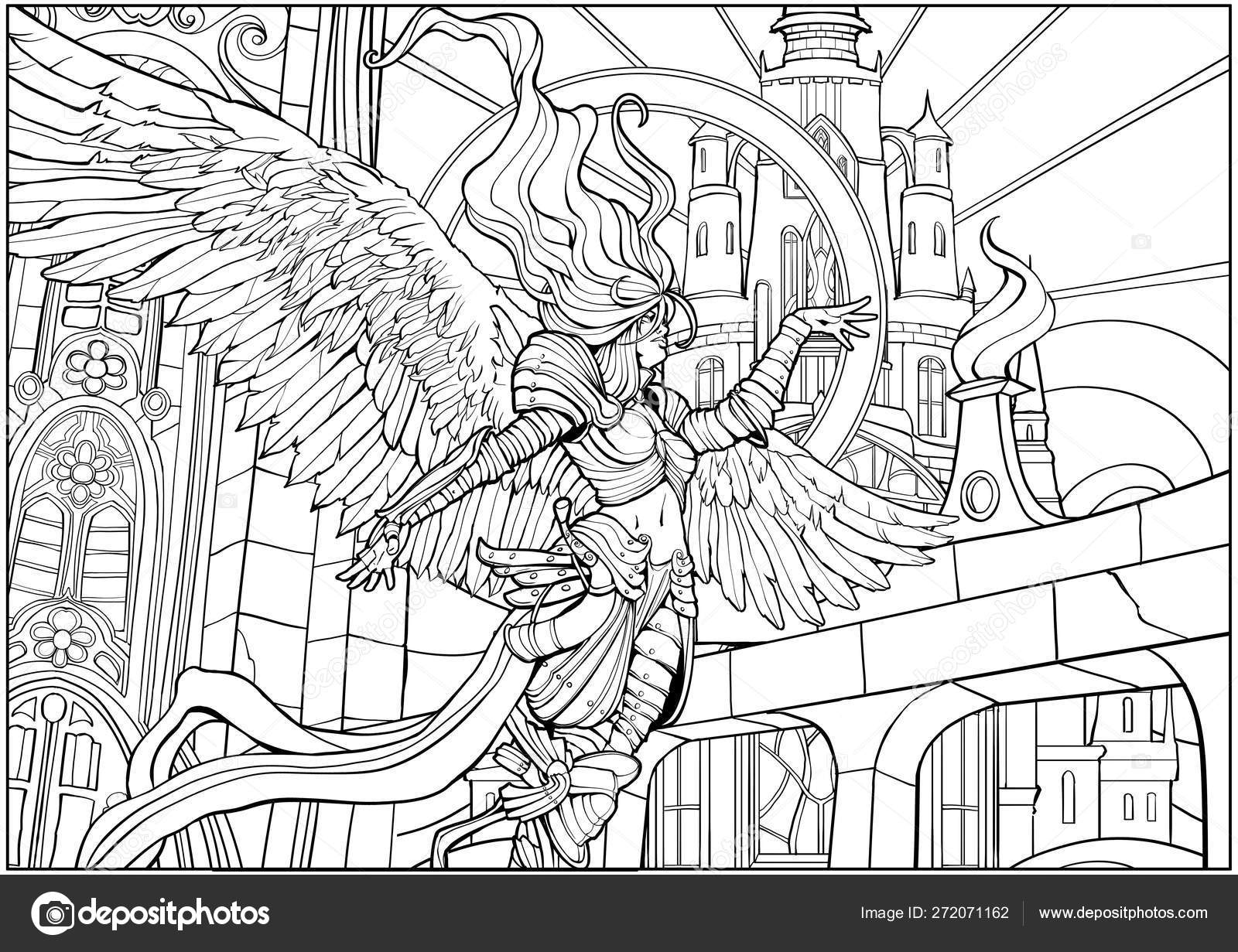 Coloring Page Adults Lovely Angel Woman Background Huge Castle ...