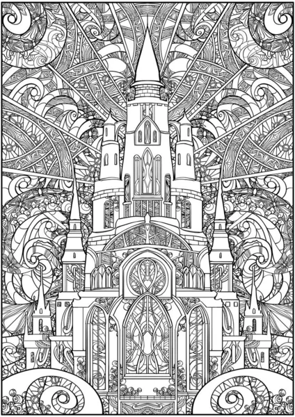 Coloring for adults , a huge Gothic castle with towers and Windows, painted with many small details
