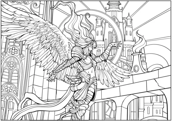 Coloring page for adults lovely angel woman on the background of a huge castle