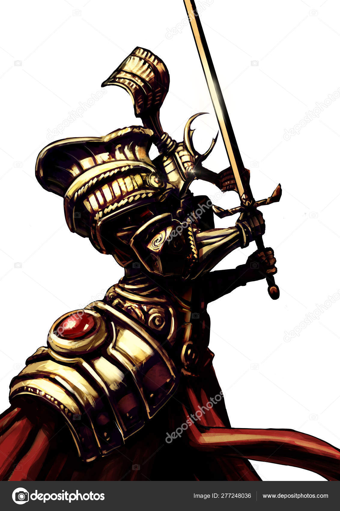 Knight Golden Armor Stands Drawn Sword Stock Photo C Warmtail