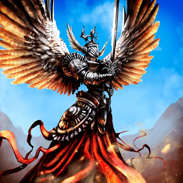 An angel with large spread wings in armor and with a sword, soars in the sky