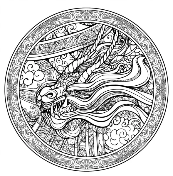Coloring for adults , line drawing of a dragon with horns and fangs, painted in Oriental style