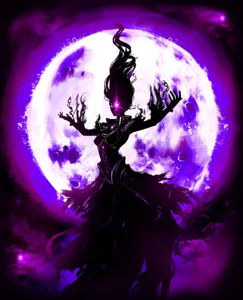 The Ghost of a woman in a torn dress hovers in the air majestically spreading her arms , behind  the background of the huge full moon .