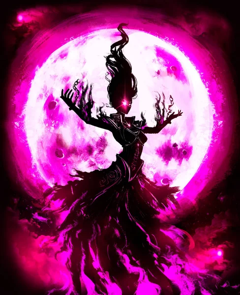 The Ghost of a woman in a torn dress hovers in the air majestically spreading her arms , behind  the background of the huge full moon .