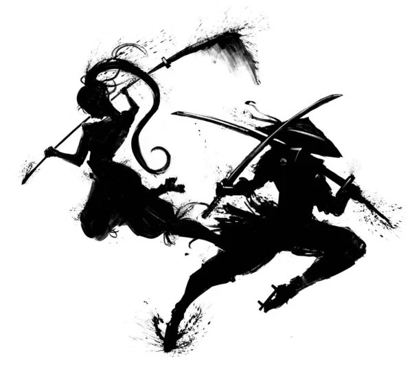 Two silhouettes of Japanese warriors jumping into the attack, men and women. 2D illustration.