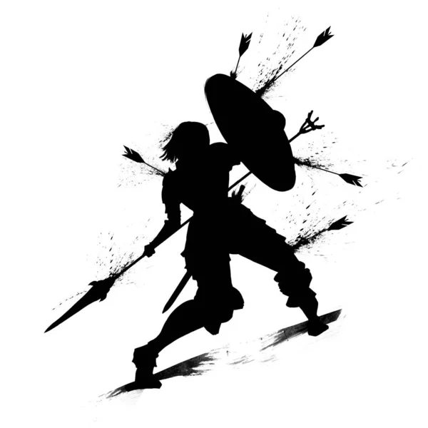 Silhouette of a female knight raising her shield to protect herself from arrows. 2D Illustration.
