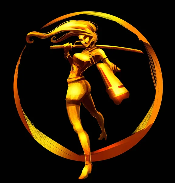 A golden girl with a katana and a gun in her hands stands in a dynamic pose. 2D illustration.