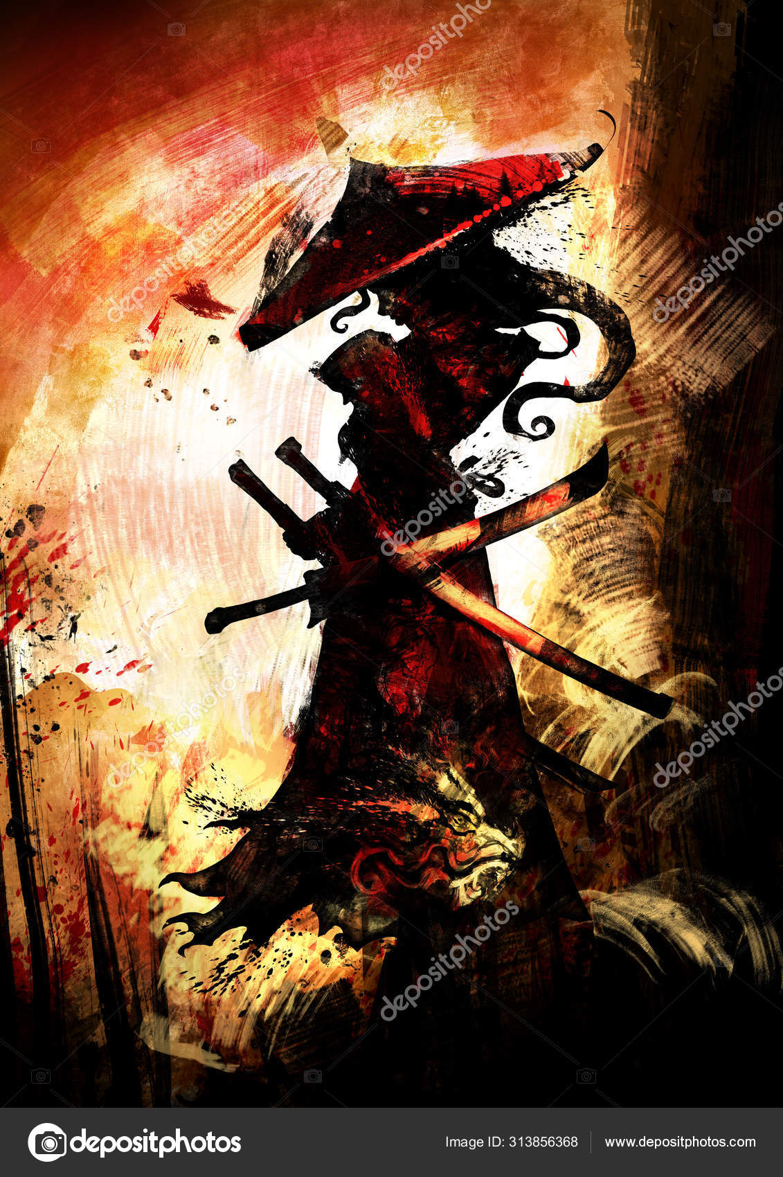 Female Samurai Demonic Horns Pointed Hat Three Swords Orange Sunset Stock Photo Image By C Warmtail Female Samurai Demonic Horns Pointed Hat Three Swords Orange Sunset Stock Photo Image By C Warmtail