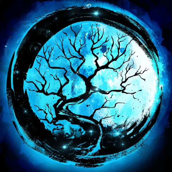 A black ink-painted tree circled in a blotting circle, with stars on its trunk and the moon in the background. 2D illustration .