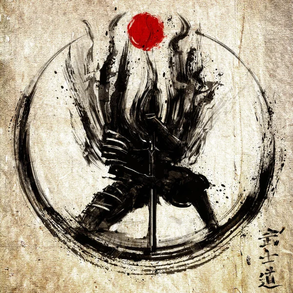 The silhouette of a Samurai in a dynamic pose stuck a katana in the floor after completing a jump from a height, his cloak flew up,the inscription in Japanese means the way of the warrior. drawn in ink.