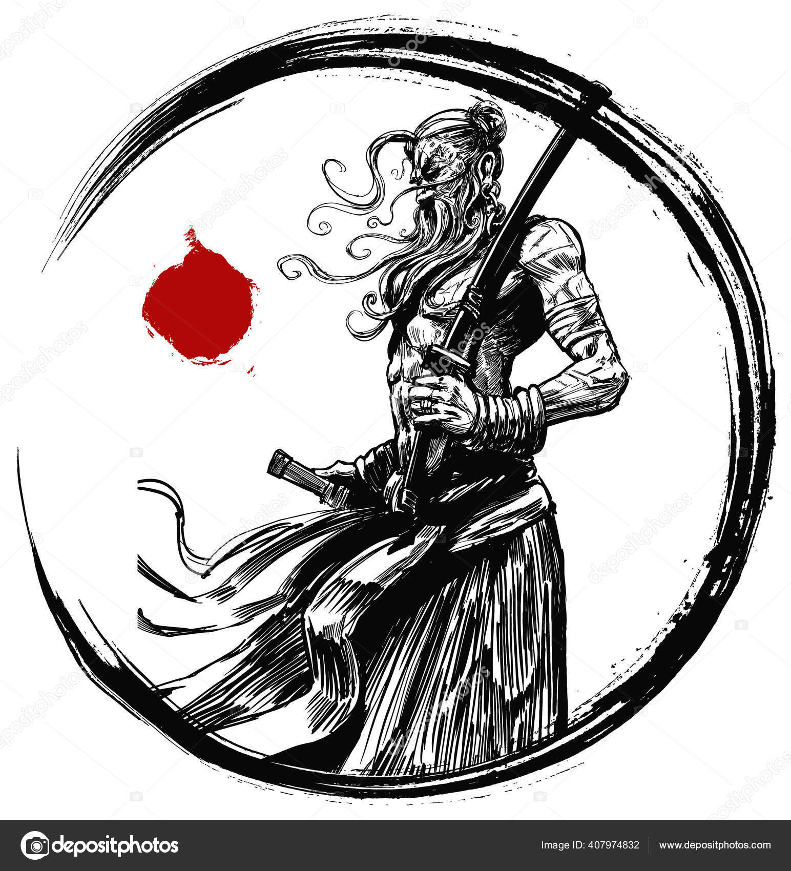 Old Samurai Grandfather Katana Proudly Stands Wind Open Torso Illustration Stock Vector Image By C Warmtail