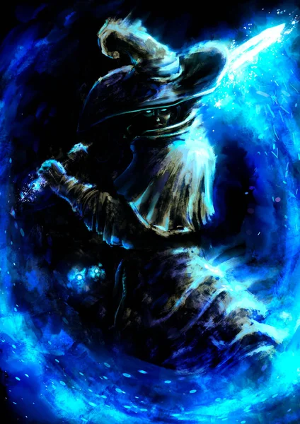 A swordsman, a wizard in a hat, makes a swing with a magic glowing blade, he stands in a fighting stance, his eyes glow with magic light. 2D illustration