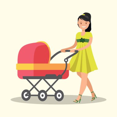 Genç Anne ile çocuk arabası içinde olan yeni doğmuş bir bebek yürüme.