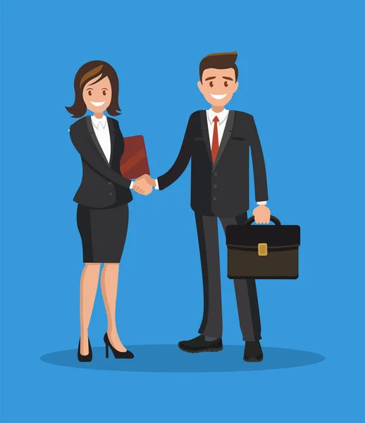 Business man and woman shake hands. A successful business transaction or agreement. — Stock Vector