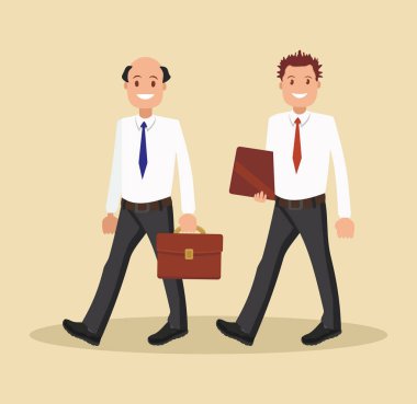 Beyaz gömlek içinde iki iş adamları ofise gitmem. Düz tasarım. Vektör çizim. Ofis personeli ile evrak çantaları.