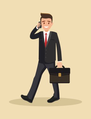 Telefonda konuşan işadamı adam. Düz tasarım. Vektör çizim karikatür tarzı