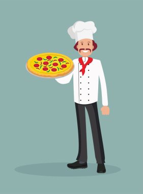 Bir pizza ile erkek Şef. Düz bir tasarım vektör çizim.