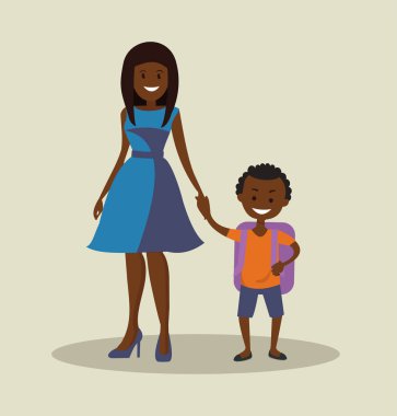 Afrikalı-Amerikalı anne ile onun çocuk okul çocuğu. Düz bir tasarım vektör çizim
