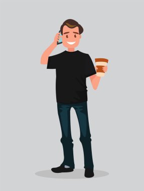 Kahve holding ve telefonda konuşurken bir adam. Vektör çizim karikatür tarzı
