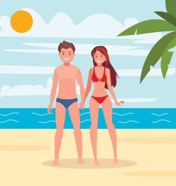 Genç adam ve kız sahilde birlikte. Düz bir tasarım vektör çizim.