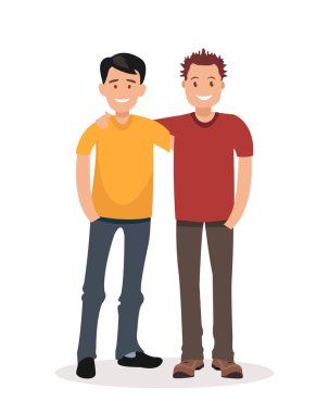 Erkek arkadaşlık. İki adam, sarılma. Düz stil vektör çizim