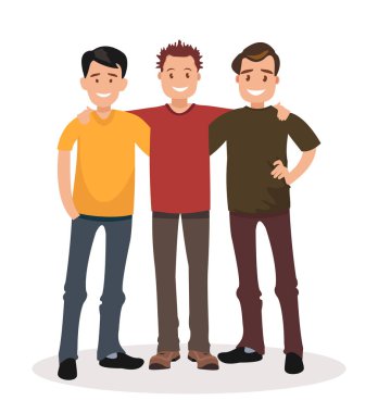 Male friendship. Three guys hugging. Vector illustration in flat style clipart