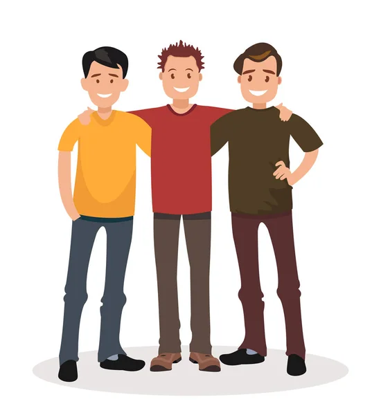 Męskiej Przyjaźni Trzech Facetów Przytulanie Ilustracja Wektorowa Płaski — Wektor stockowy