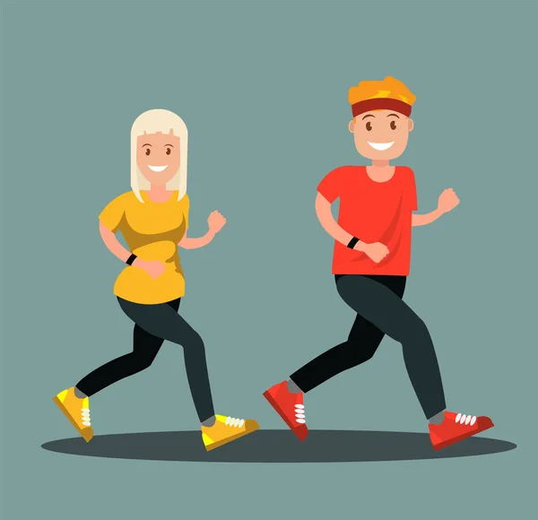 穿着运动服的男人和女人跑步 平面式矢量图解 — 图库矢量图片