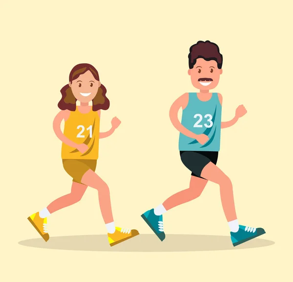 穿着运动服的男人和女人跑步 平面式矢量图解 — 图库矢量图片