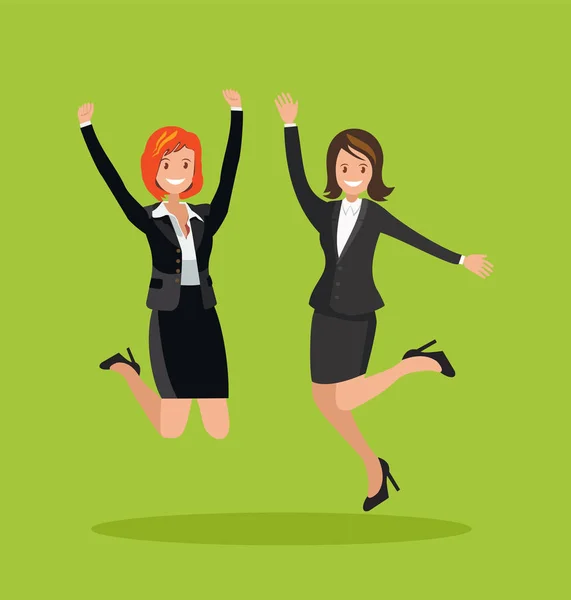 Two business women are jumping, celebrating the victory. — Stock Vector