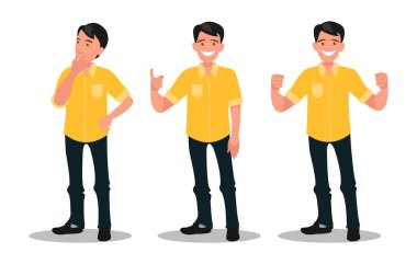 Karakter kümesi. Adam düşünüyor, bir çözüm bulur ve sevinir. Vektör çizim karikatür tarzı.