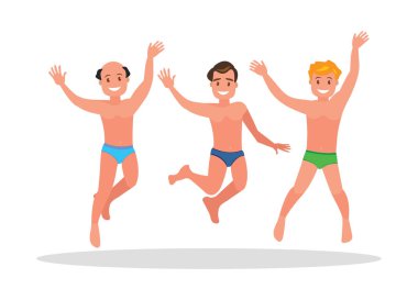 Üç genç adam beyaz bir arka plan üzerine atlamak. Yaz tatili. Vektör çizim karikatür tarzı.