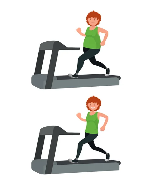 一个胖女人正在跑步机上跑步和减肥 平面设计的矢量图解 — 图库矢量图片