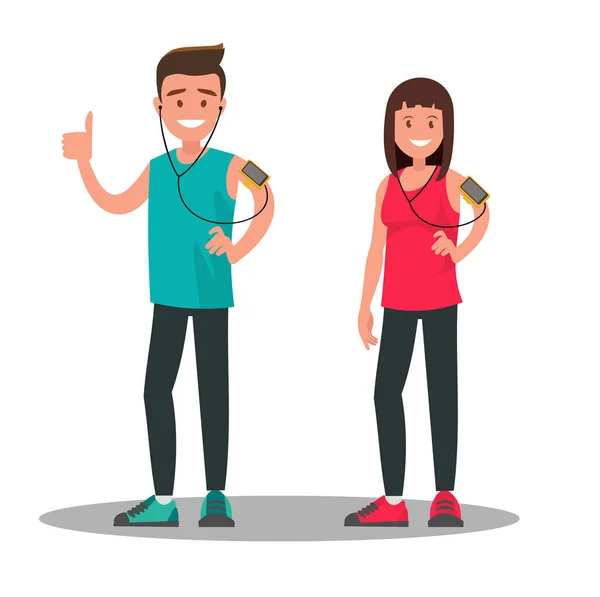 Funny athletes. A man and a woman after a run. Vector illustration of flat design.