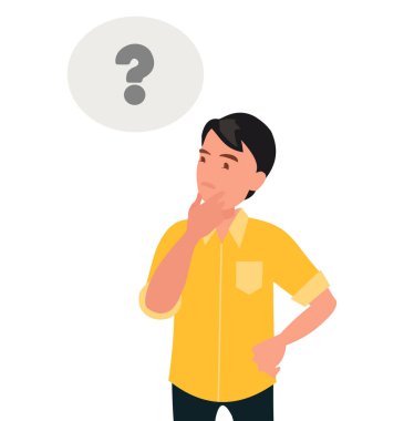 İnsan düşünüyor. Soru işareti. Çizgi film tarzında vektör illüstrasyonu.